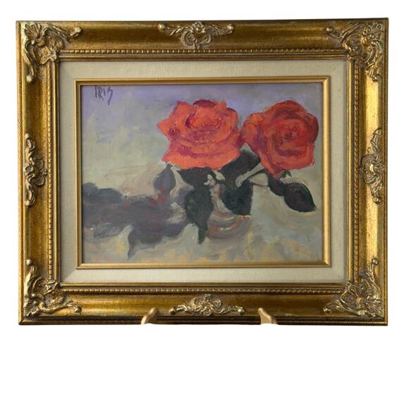 VTG Oil Painting of Two Roses Framed in Ornate Gold Frame - Artist Signed “IRIS” - Picture 1 of 9